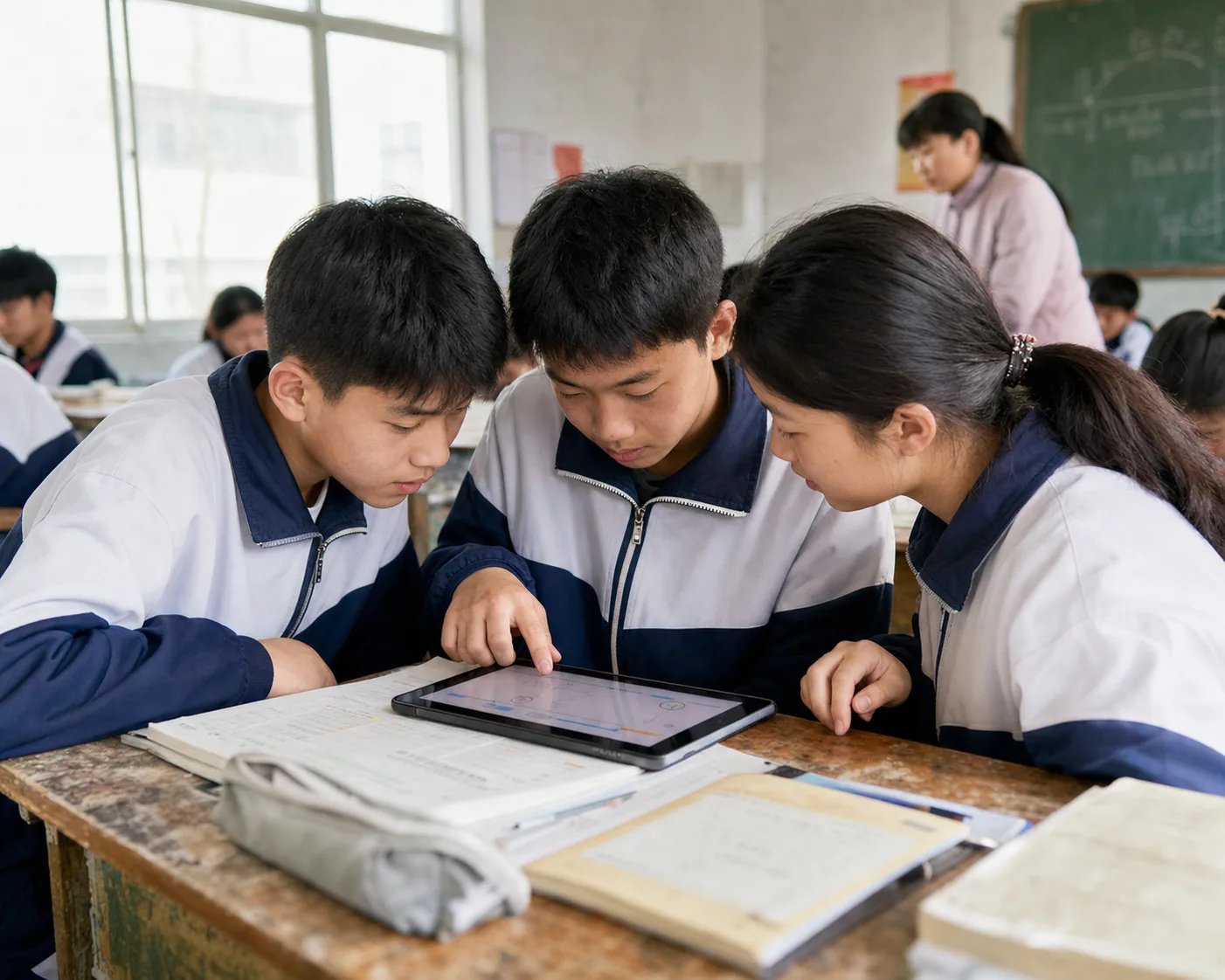 县域中学三名学生围绕平板与练习册开展小组学习